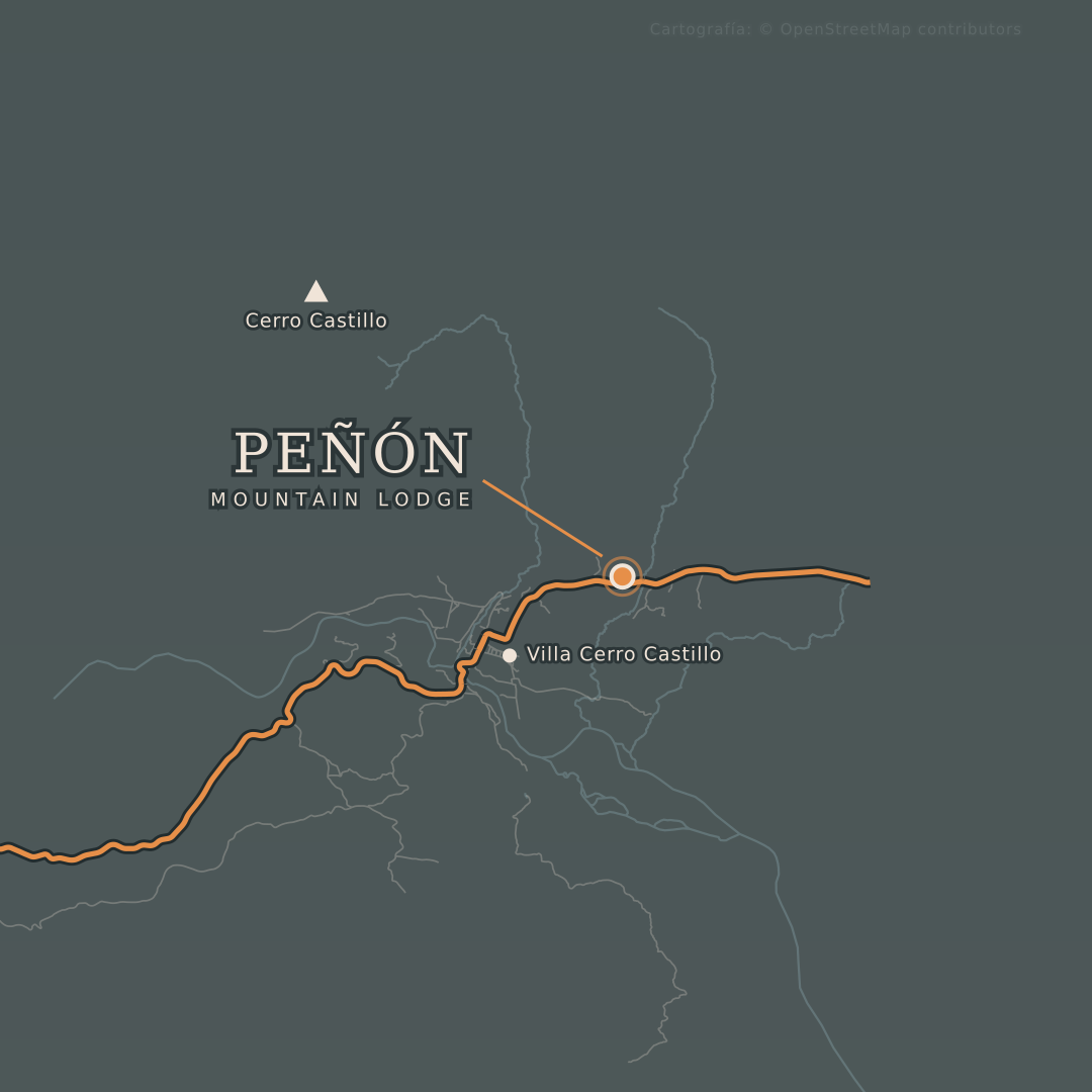 Ubicación de Peñón Mountain Lodge en Cerro Castillo, Región de Aysén